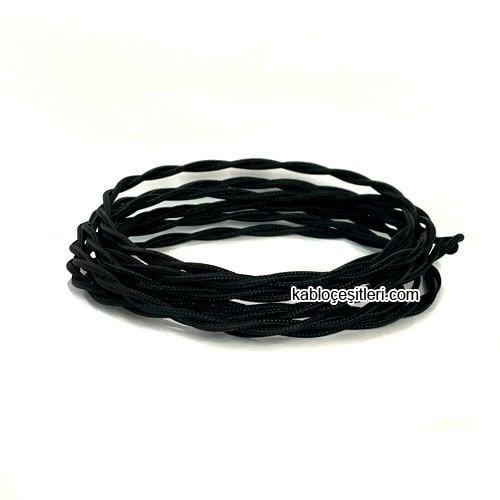 Marketcik 2x0,50mm Siyah Renkli Dekoratif BURGULU Kumaş Kablo, 1 Metre