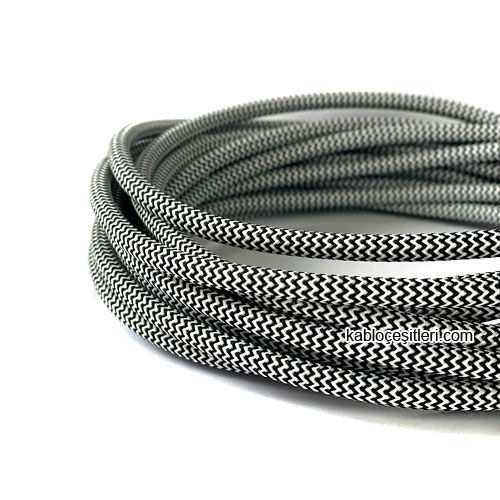 Marketcik 2x0,50mm Siyah Beyaz Renk Dekoratif Örgülü Kumaş Kablo, 1 Metre
