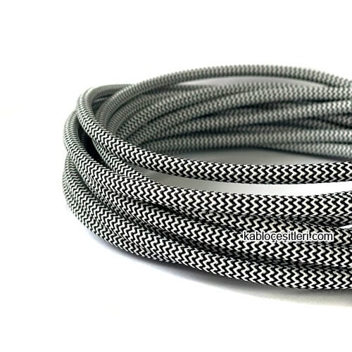 Marketcik 2x0,50mm Siyah Beyaz Renk Dekoratif Örgülü Kumaş Kablo, 1 Metre