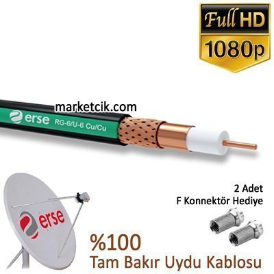 Erse RG6 U6 Tam Bakır Çanak Anten Uydu Kablosu %100 Tam Bakır, F Konnektör Hediyeli 5 Metre