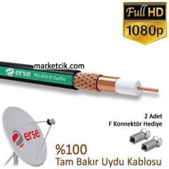 Erse RG6 U6 Tam Bakır Çanak Anten Uydu Kablosu %100 Tam Bakır, F Konnektör Hediyeli 90 Metre